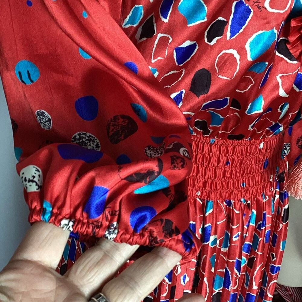 Vintage 80’s Diane Freis Original Ruffled Abstract Red Dress Puffed Sleeves - Picture 8 of 12